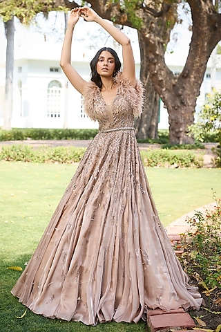 Dull Gold Organza Sequins Embroidered Gown With Belt by Dolly J