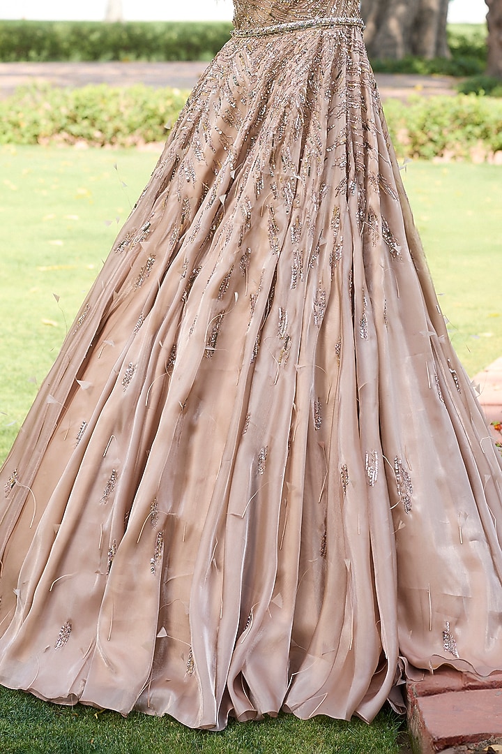 Dull Gold Organza Sequins Embroidered Bridal Gown With Belt by Dolly J at Pernia's Pop Up Shop