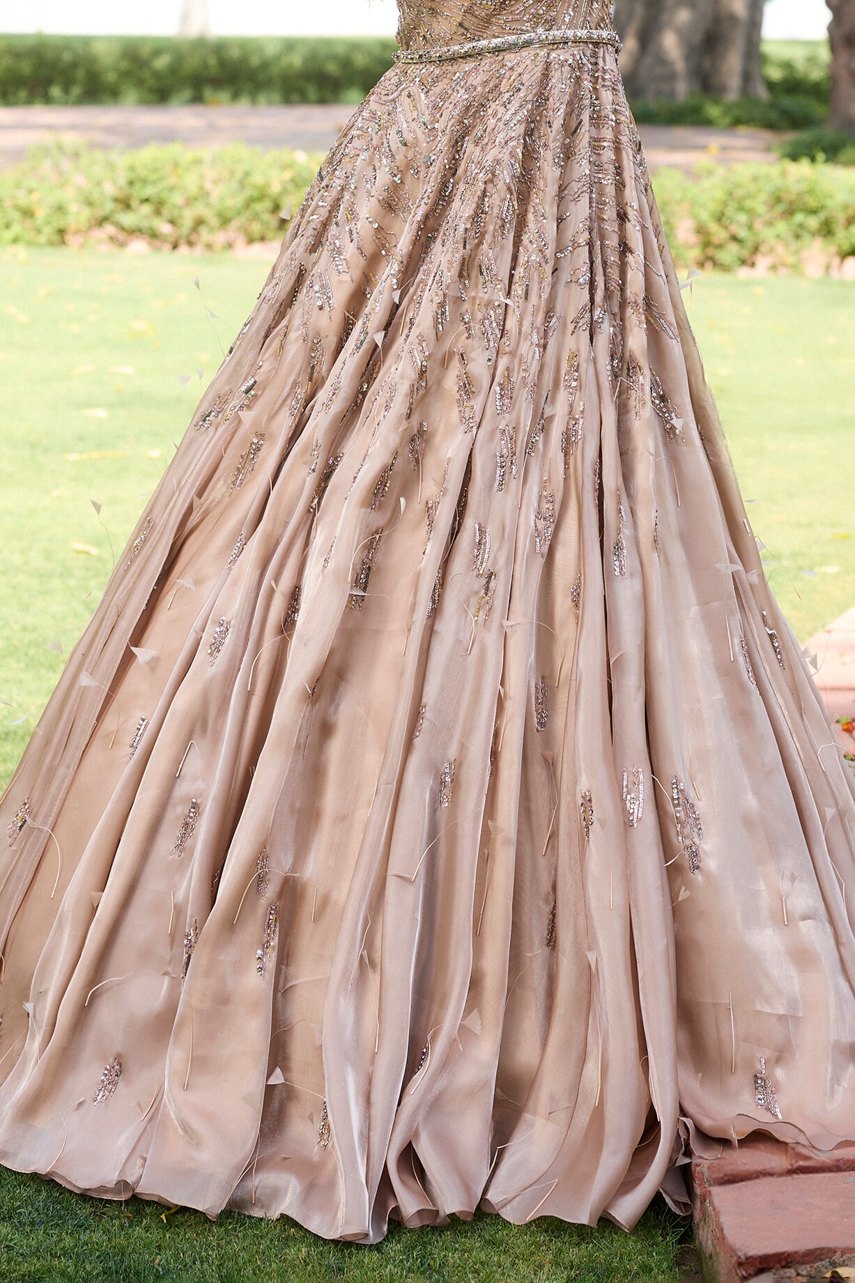Dull Gold Organza Sequins Embroidered Gown With Belt by Dolly J at Pernia's  Pop Up Shop 2026