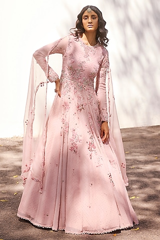 Pastel Pink Chiffon Thread Embroidered Kamdani Anarkali Set by Dolly J