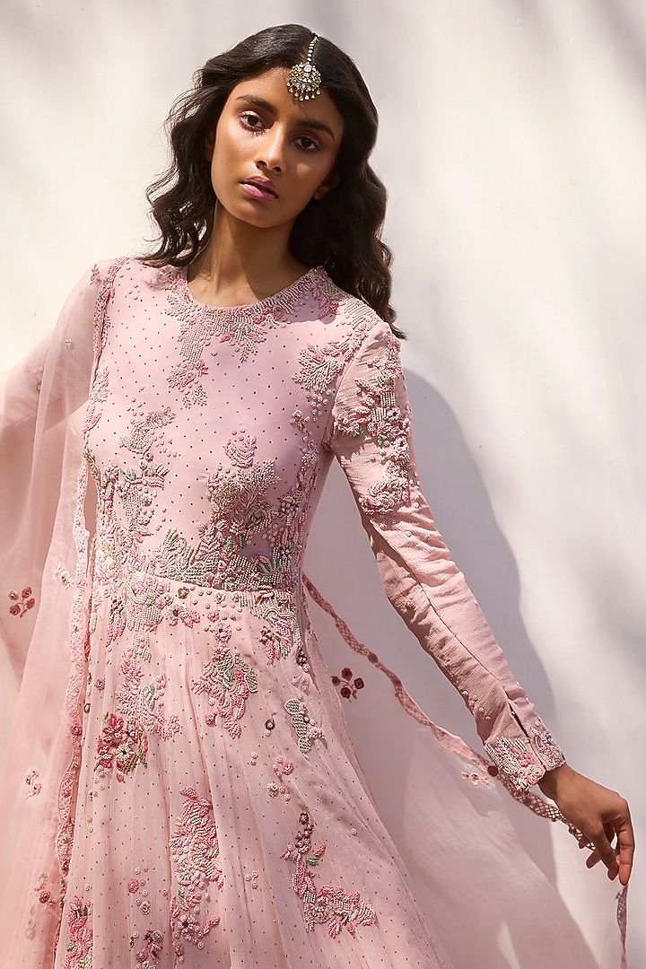 Pastel Pink Chiffon Thread Embroidered Kamdani Bridal Anarkali Set by Dolly J at Pernia's Pop Up Shop