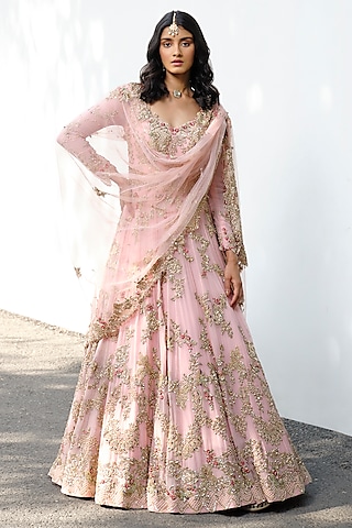Pink Chiffon Thread & Zardosi Embroidered Bridal Anarkali Set by Dolly J