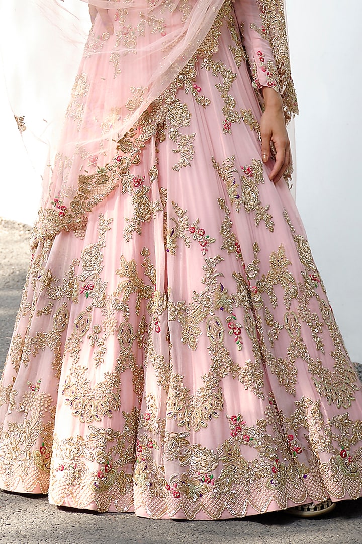 Pink Chiffon Thread & Zardosi Embroidered Bridal Bridal Anarkali Set by Dolly J at Pernia's Pop Up Shop