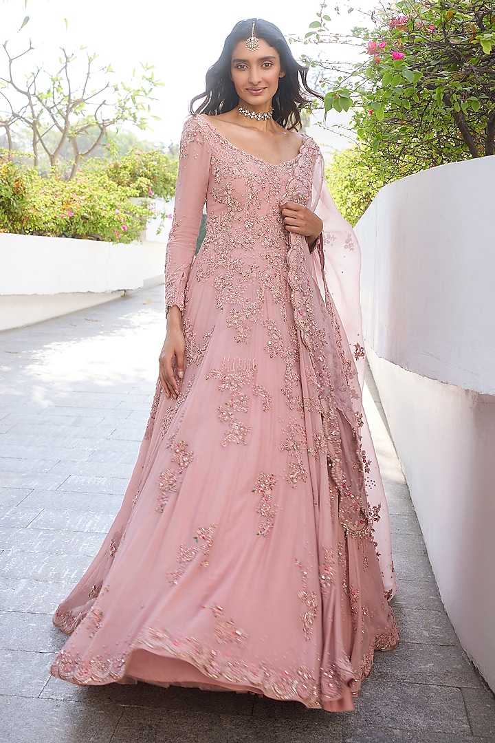 Pastel Pink Chiffon Embroidered Anarkali Set by Dolly J at Pernia's Pop Up Shop