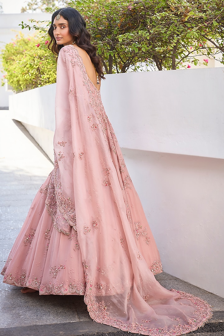 Pastel Pink Chiffon Embroidered Bridal Anarkali Set by Dolly J at Pernia's Pop Up Shop