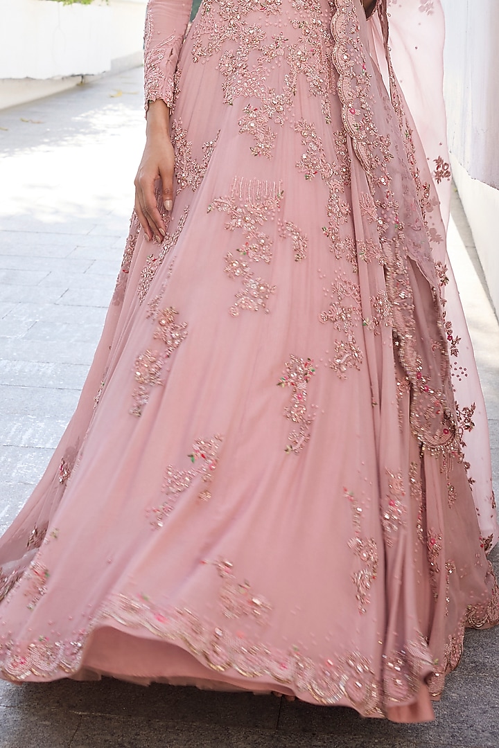 Pastel Pink Chiffon Embroidered Bridal Anarkali Set by Dolly J at Pernia's Pop Up Shop