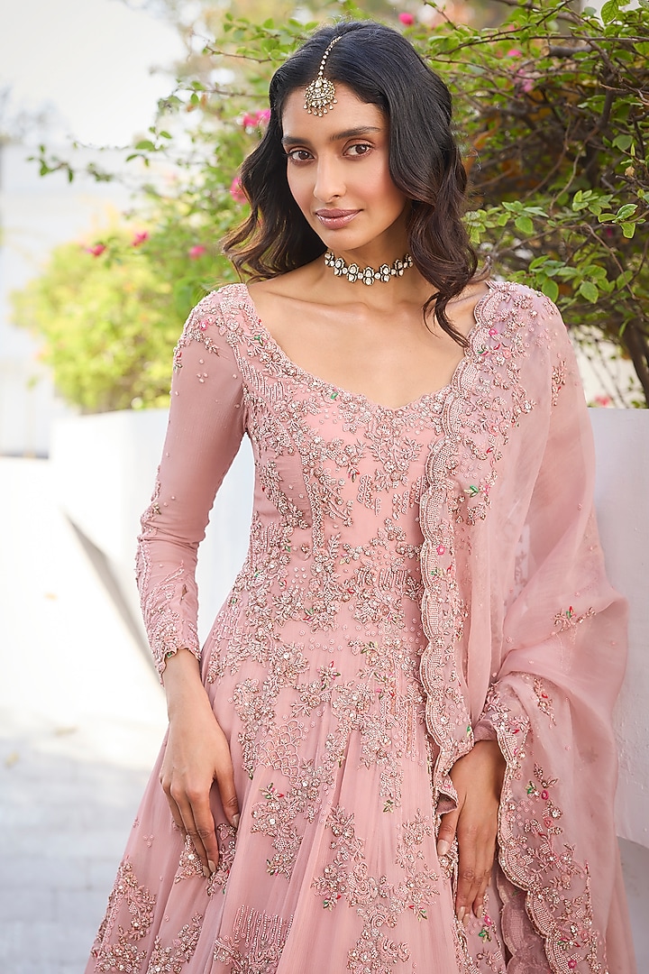 Pastel Pink Chiffon Embroidered Bridal Anarkali Set by Dolly J at Pernia's Pop Up Shop