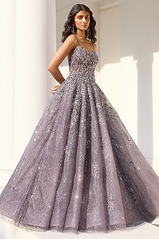 Mauve Shimmer Tulle Silver Embroidered Cocktail Gown by Dolly J