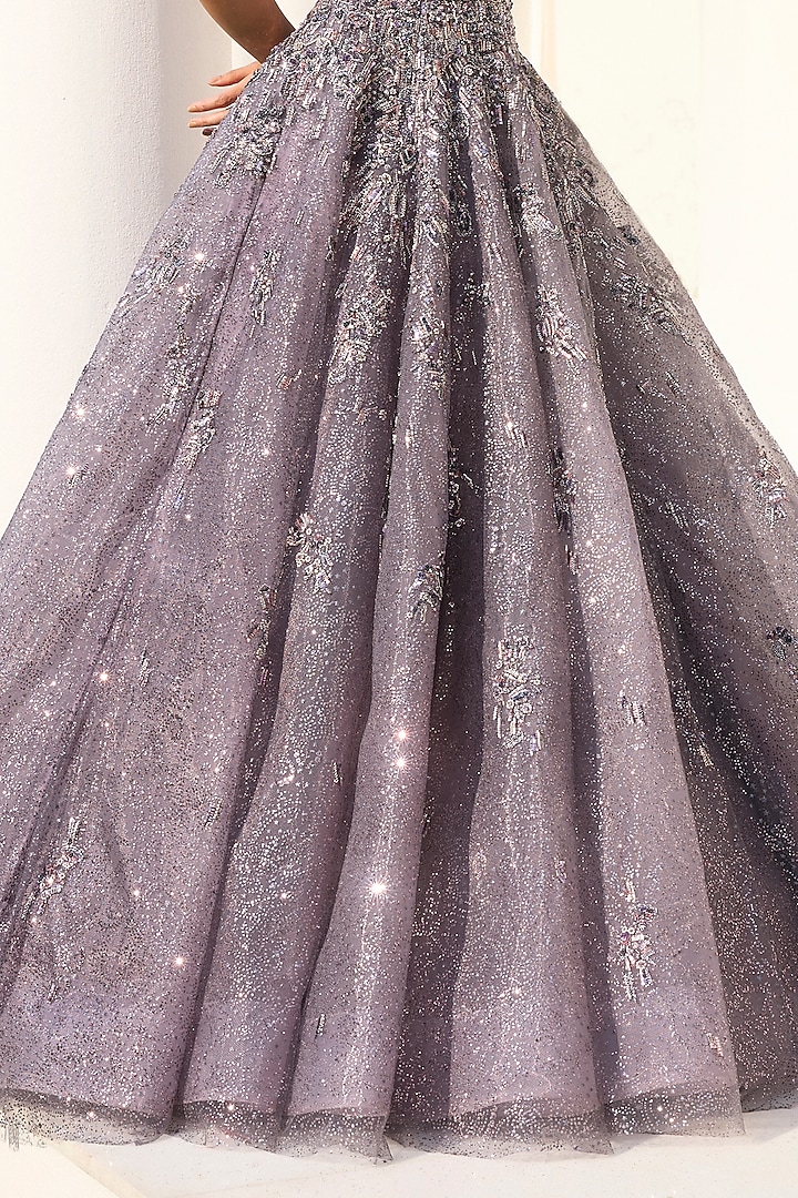 Mauve Shimmer Tulle Silver Embroidered Cocktail Bridal Gown by Dolly J at Pernia's Pop Up Shop