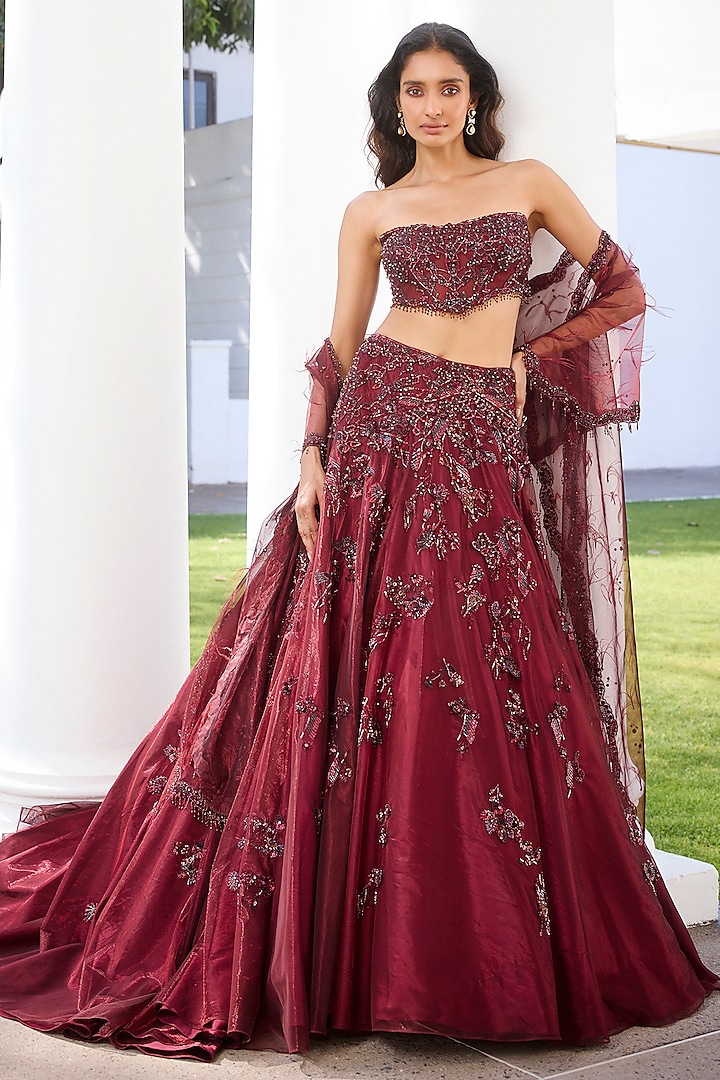 Dark Maroon Woven Net Tonal Embroidered Bridal Lehenga Set by Dolly J at Pernia's Pop Up Shop