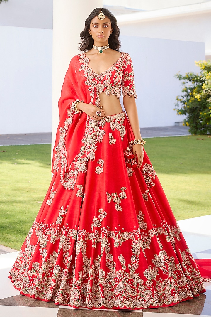 Crimson Red Raw Silk Jewel & Pearl Embroidered Bridal Lehenga Set by Dolly J