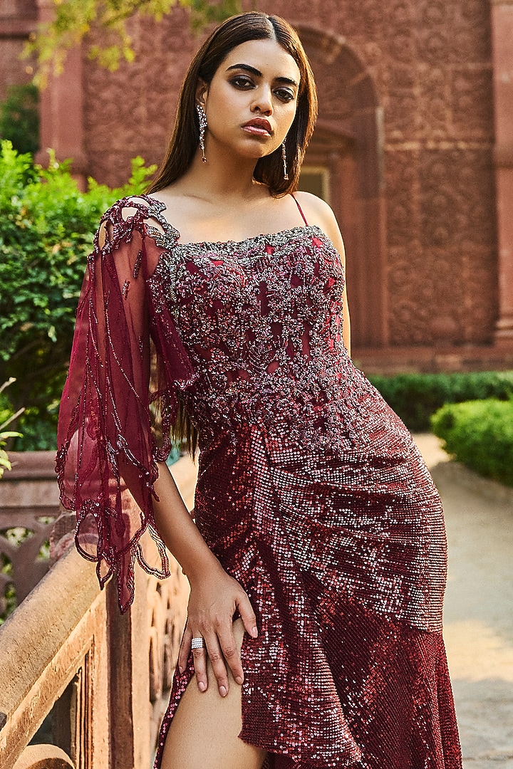 Vintage Maroon Sequins Lycra Embroidered Wedding Gown by Dolly J at Pernia's Pop Up Shop