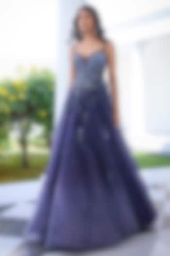 Lavender Blue Shaded Organza Feather Embellished Wedding Gown by Dolly J at Pernia's Pop Up Shop