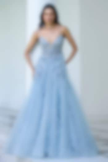 Light Blue Organza Feather Embellished Gown by Dolly J at Pernia's Pop Up Shop