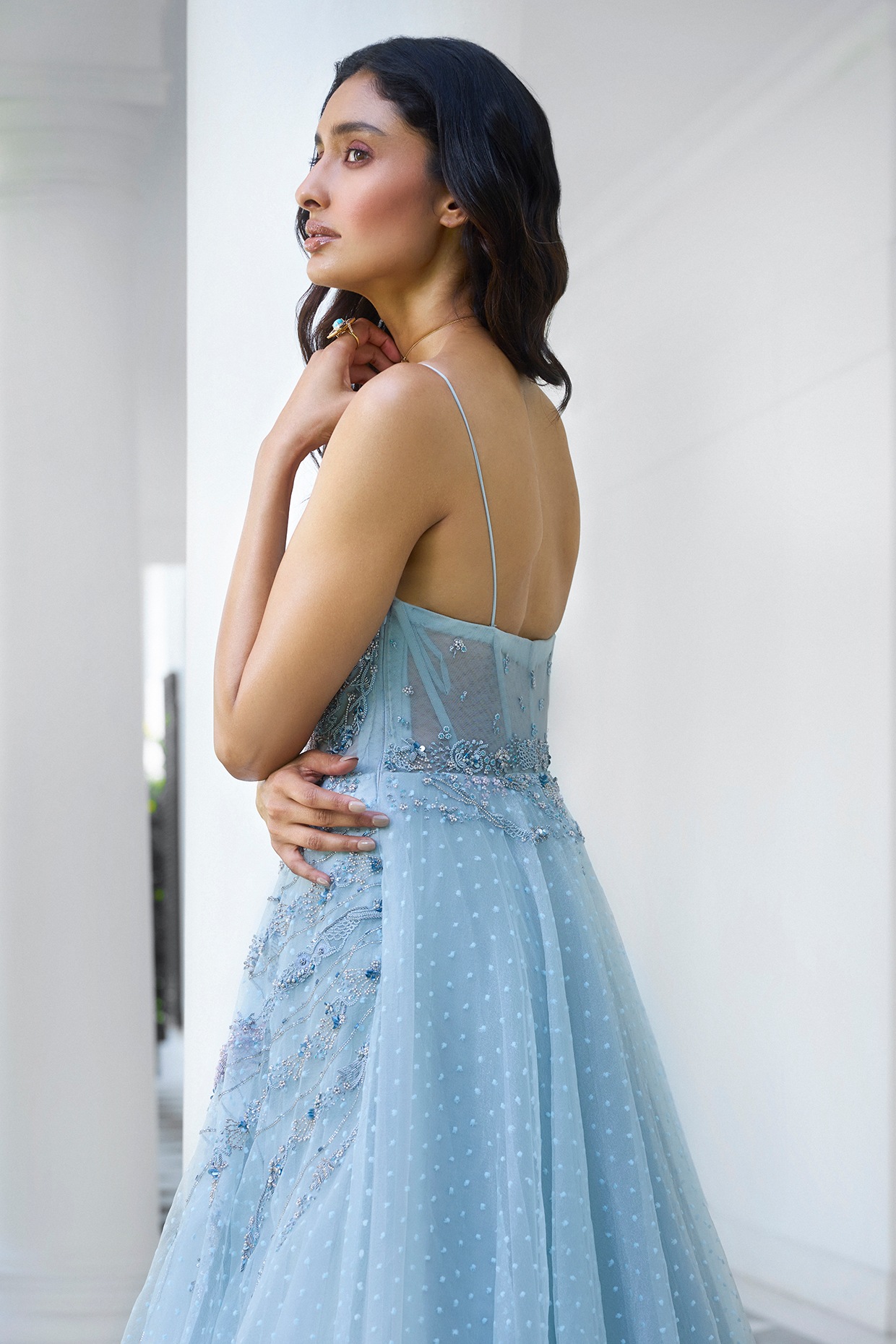 Light Blue Organza Feather Embellished Gown by Dolly J at