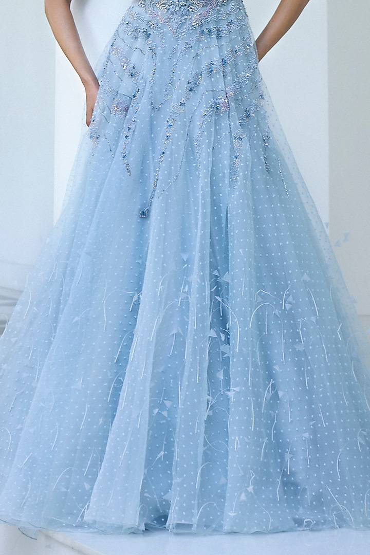Light Blue Organza Feather Embellished Wedding Gown by Dolly J at Pernia's Pop Up Shop