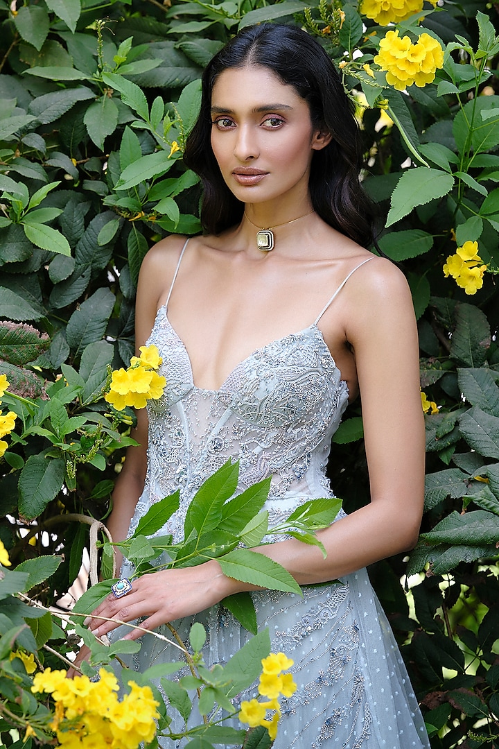 Light Blue Organza Feather Embellished Wedding Gown by Dolly J at Pernia's Pop Up Shop