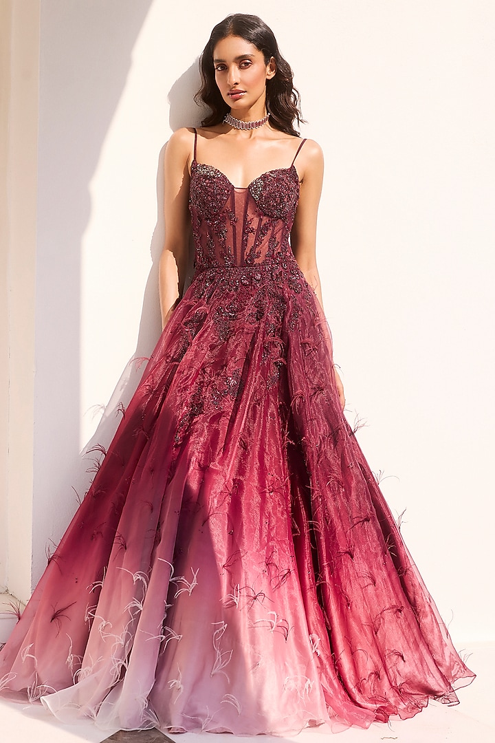 Maroon Shaded Organza Embroidered Gown by Dolly J at Pernia's Pop Up Shop