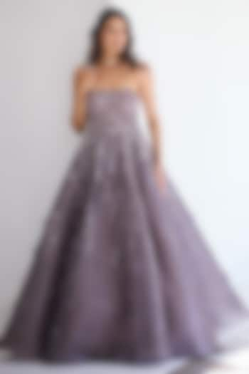 Mauvish Grey Organza & Net Sequins Embroidered Gown by Dolly J at Pernia's Pop Up Shop