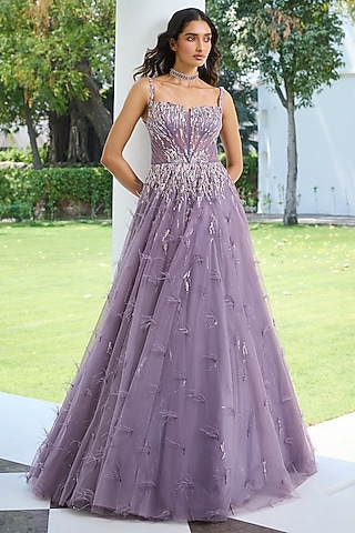 Grey Net Sequins Embroidered Ombre Gown by Dolly J