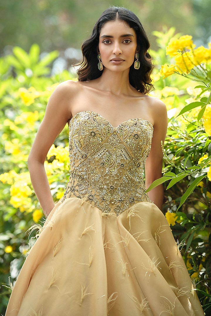 Golden Organza Silver Embroidered Corset Wedding Gown by Dolly J at Pernia's Pop Up Shop