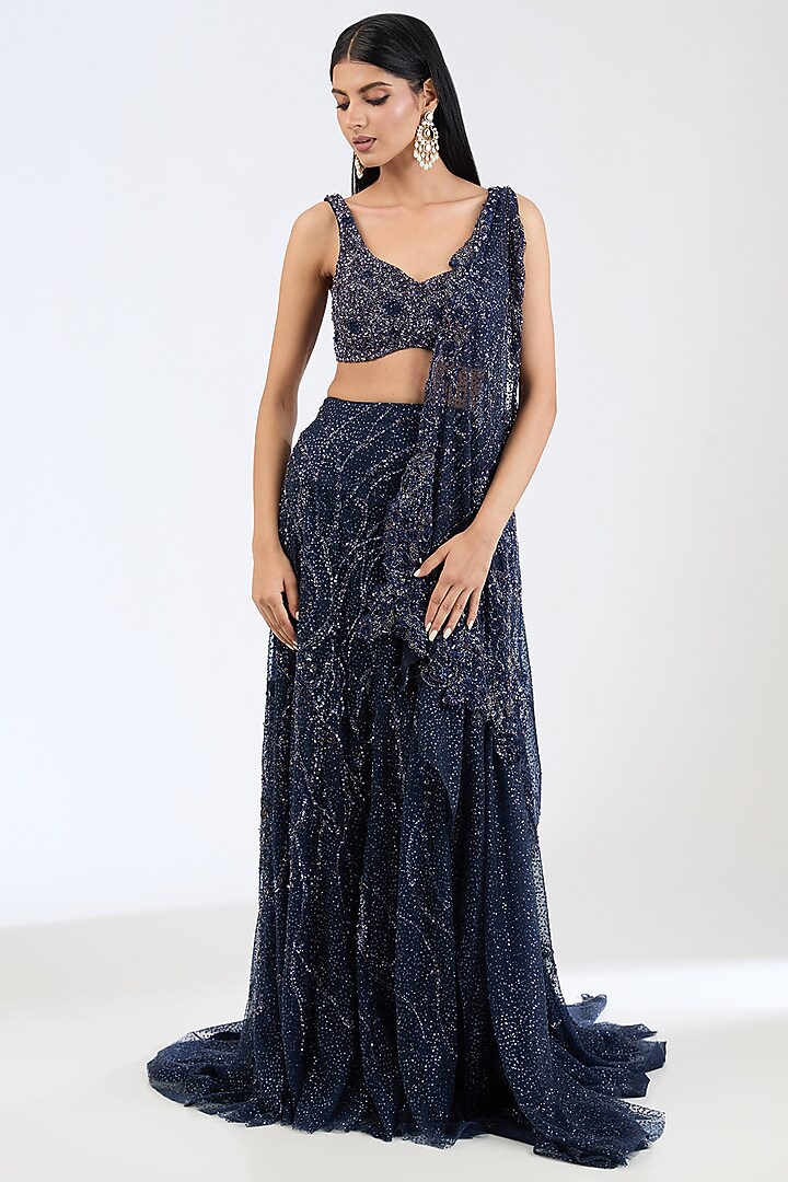 Navy Blue Shimmer Tulle Sequins Embroidered Bridal Gown Saree Set by Dolly J at Pernia's Pop Up Shop