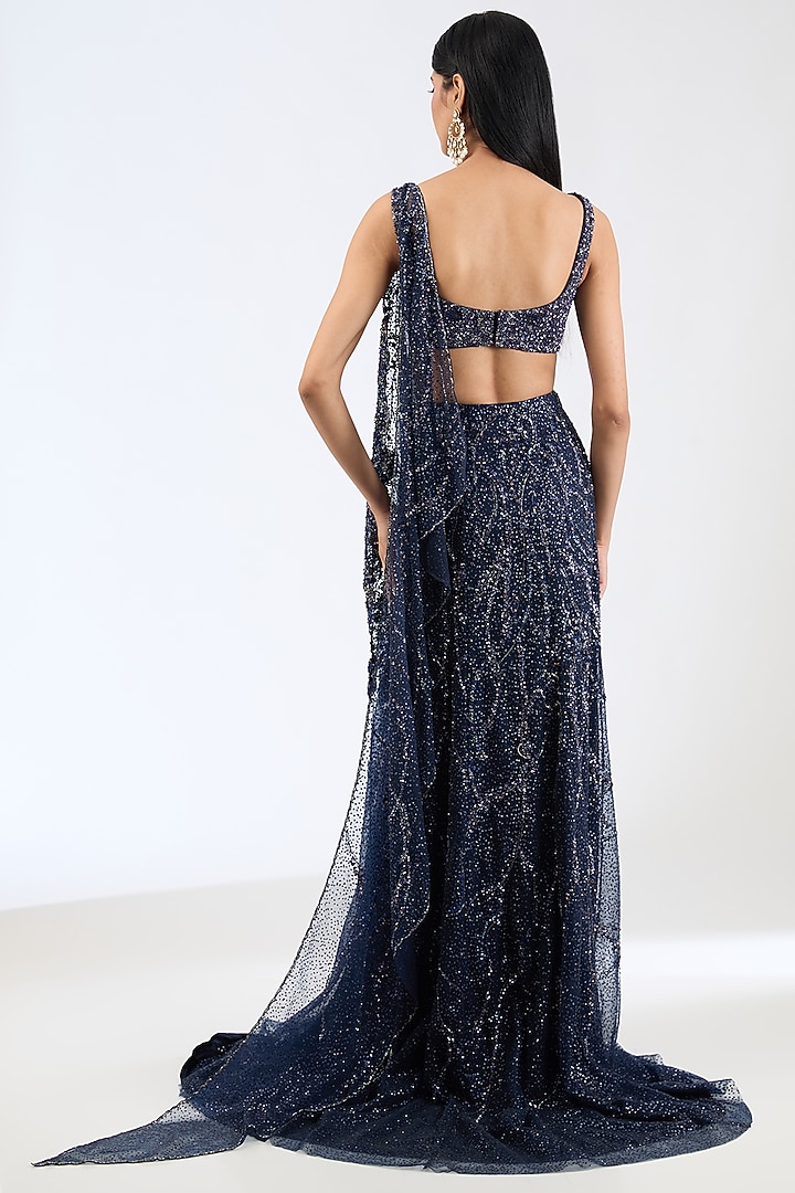 Navy Blue Shimmer Tulle Sequins Embroidered Bridal Gown Saree Set by Dolly J at Pernia's Pop Up Shop