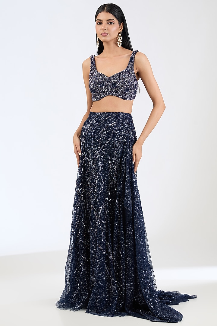Navy Blue Shimmer Tulle Sequins Embroidered Bridal Gown Saree Set by Dolly J at Pernia's Pop Up Shop