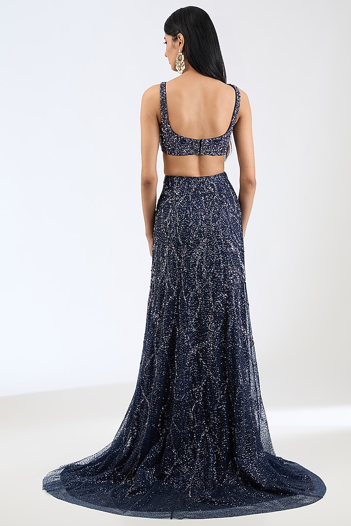 Navy Blue Shimmer Tulle Sequins Embroidered Bridal Gown Saree Set by Dolly J at Pernia's Pop Up Shop
