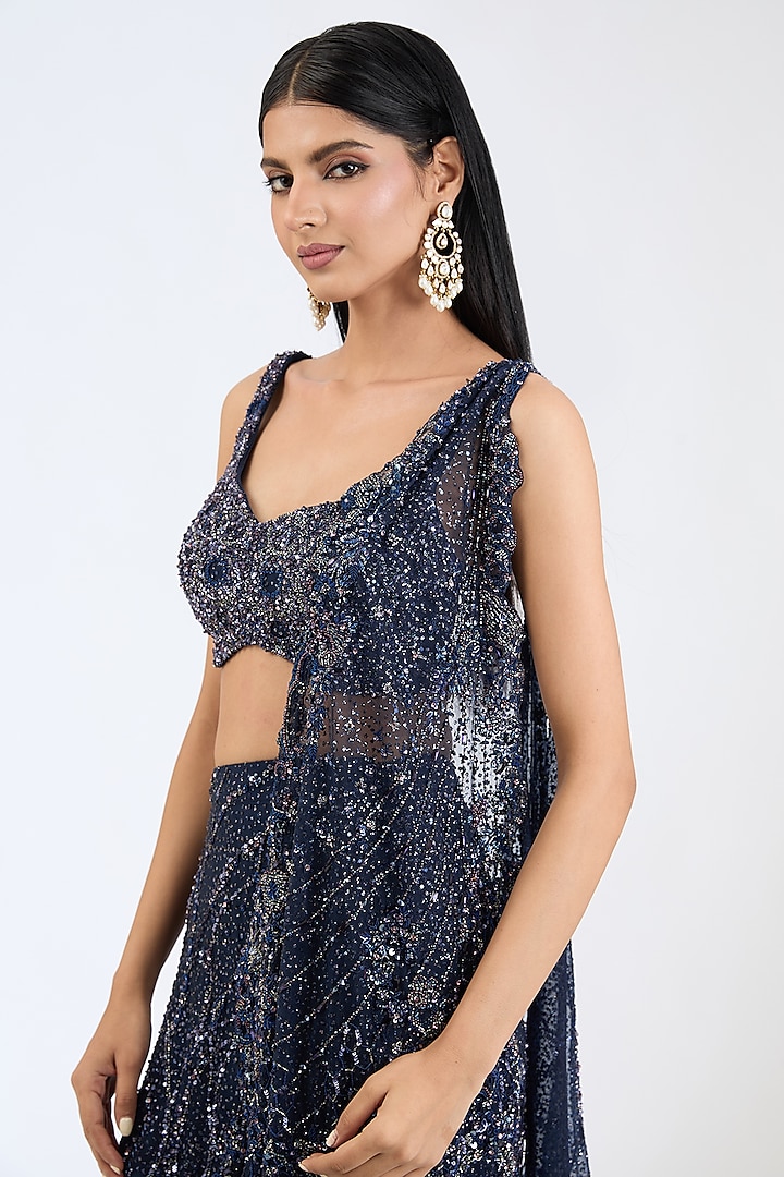 Navy Blue Shimmer Tulle Sequins Embroidered Bridal Gown Saree Set by Dolly J at Pernia's Pop Up Shop