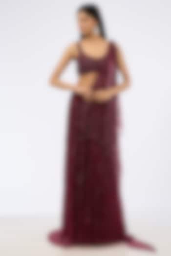 Maroon Shimmer Tulle Pearl Embroidered Draped Bridal Gown Saree Set by Dolly J at Pernia's Pop Up Shop