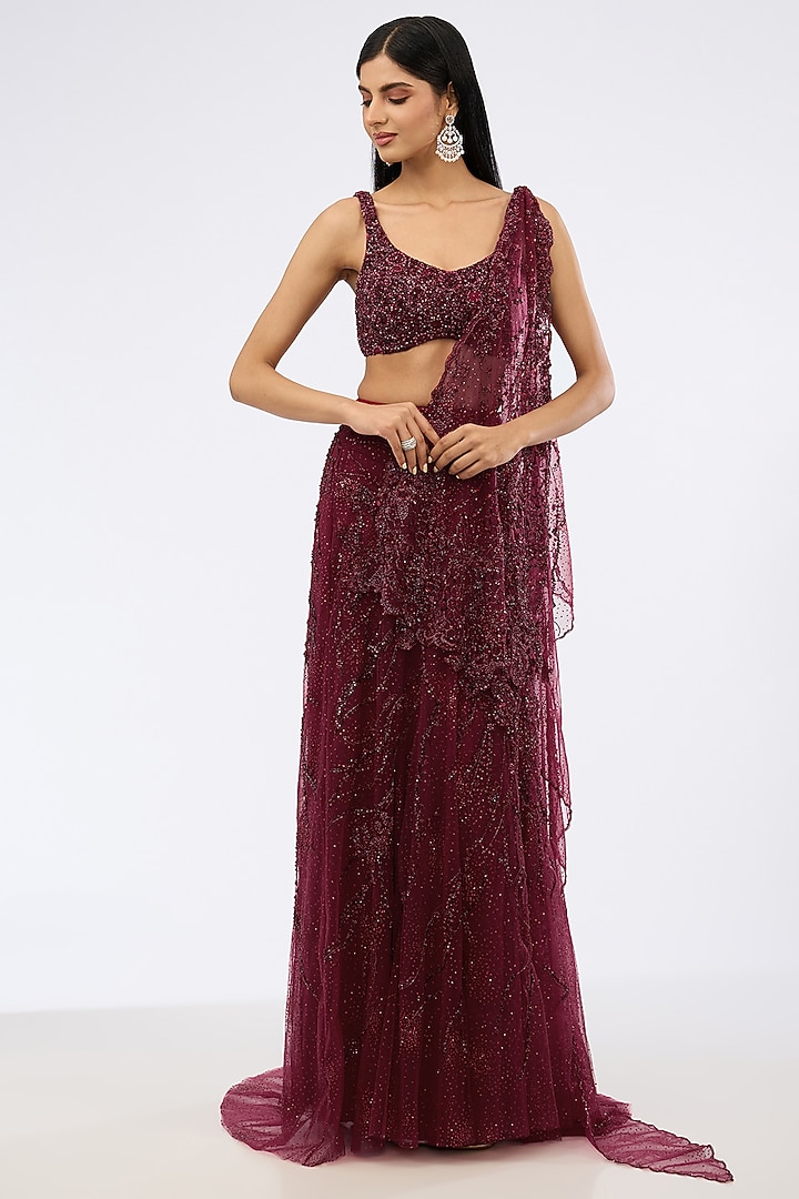 Maroon Shimmer Tulle Pearl Embroidered Draped Bridal Gown Saree Set by Dolly J at Pernia's Pop Up Shop