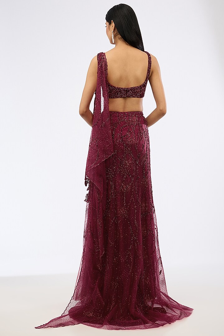 Maroon Shimmer Tulle Pearl Embroidered Draped Bridal Gown Saree Set by Dolly J at Pernia's Pop Up Shop