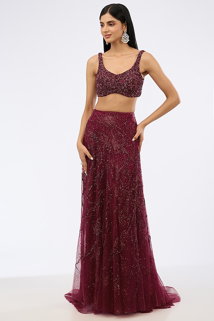 Maroon Shimmer Tulle Pearl Embroidered Draped Bridal Gown Saree Set by Dolly J at Pernia's Pop Up Shop