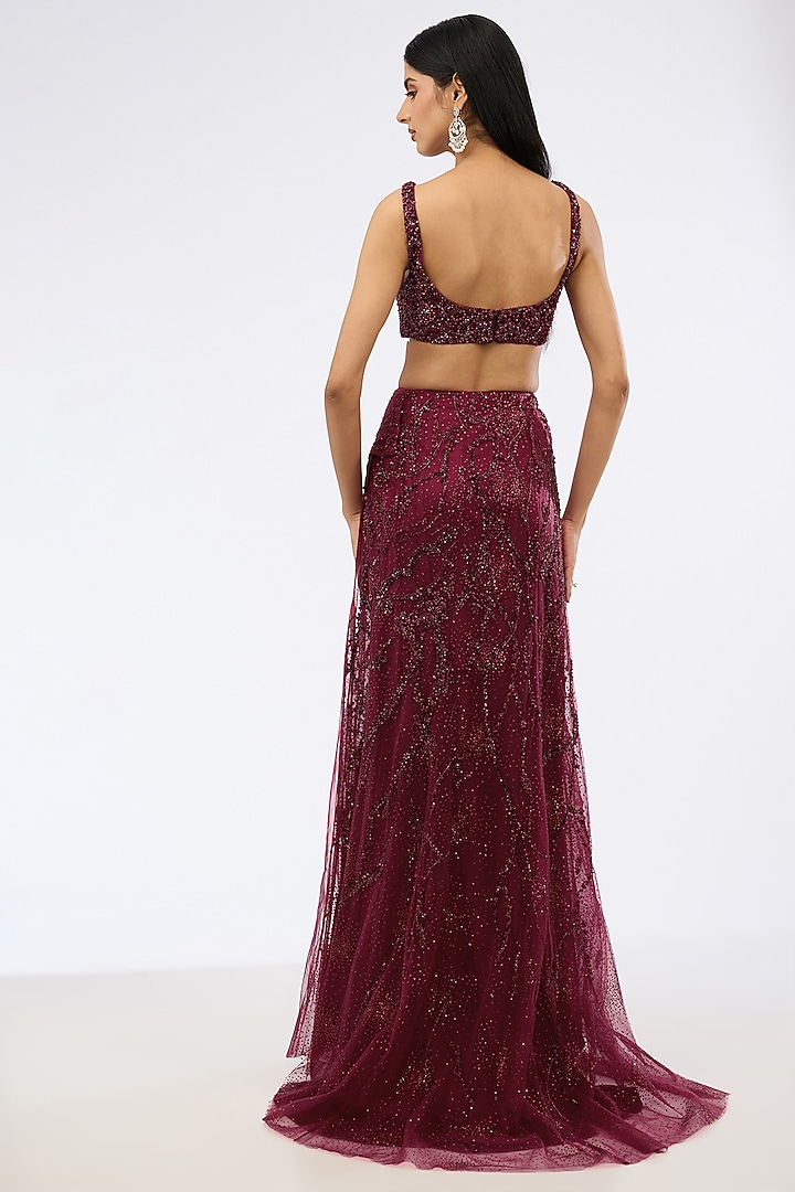 Maroon Shimmer Tulle Pearl Embroidered Draped Bridal Gown Saree Set by Dolly J at Pernia's Pop Up Shop