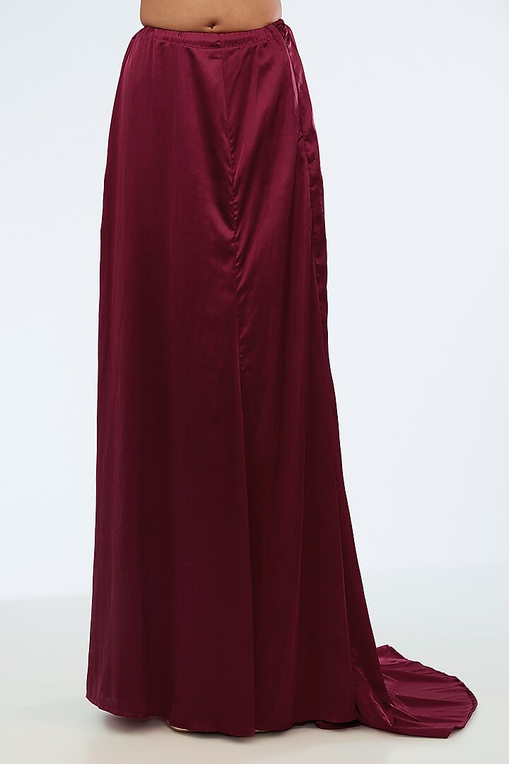 Maroon Shimmer Tulle Pearl Embroidered Draped Bridal Gown Saree Set by Dolly J at Pernia's Pop Up Shop
