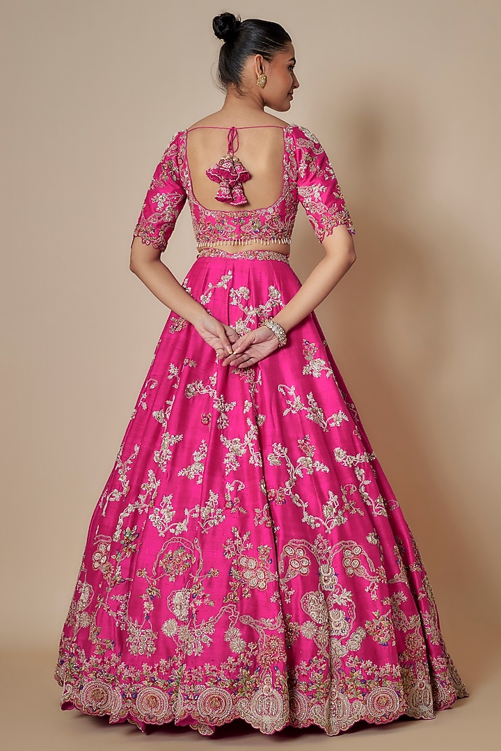 Hot Pink Raw Silk Pearl Work Bridal Lehenga Set by Dolly J at Pernia's Pop Up Shop