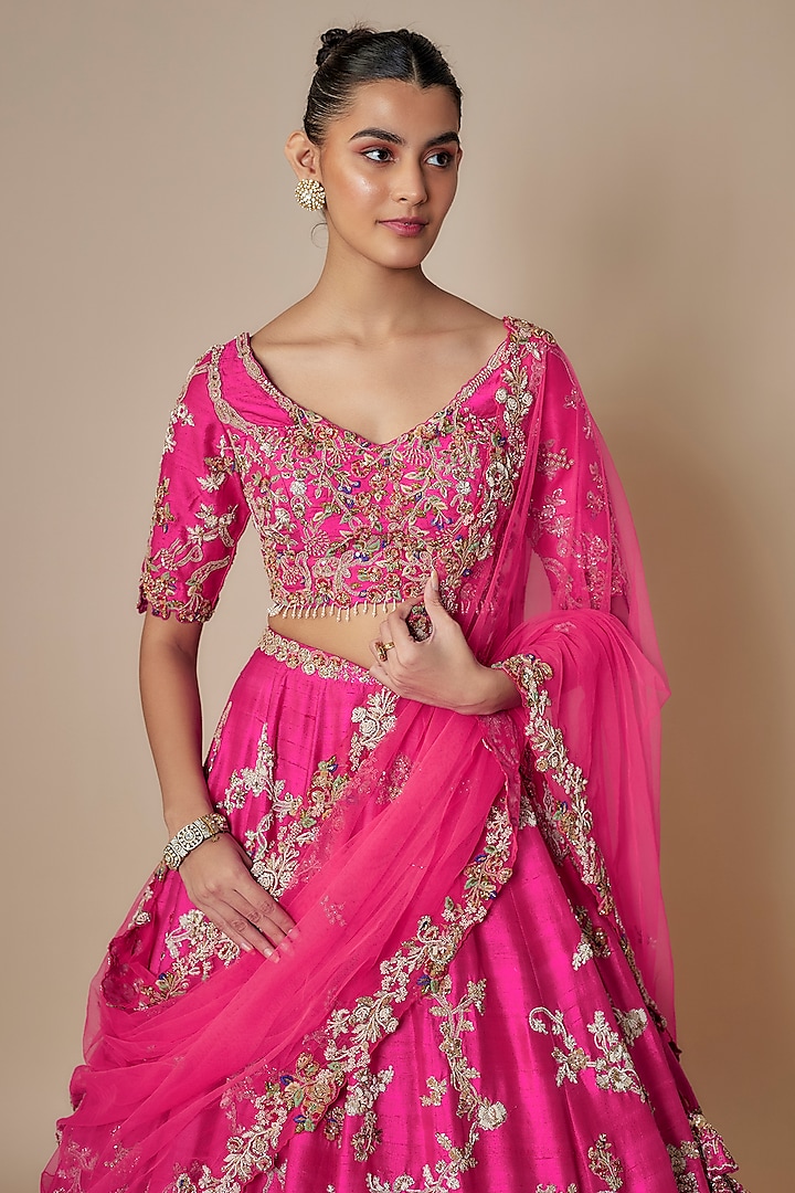 Hot Pink Raw Silk Pearl Work Bridal Lehenga Set by Dolly J at Pernia's Pop Up Shop