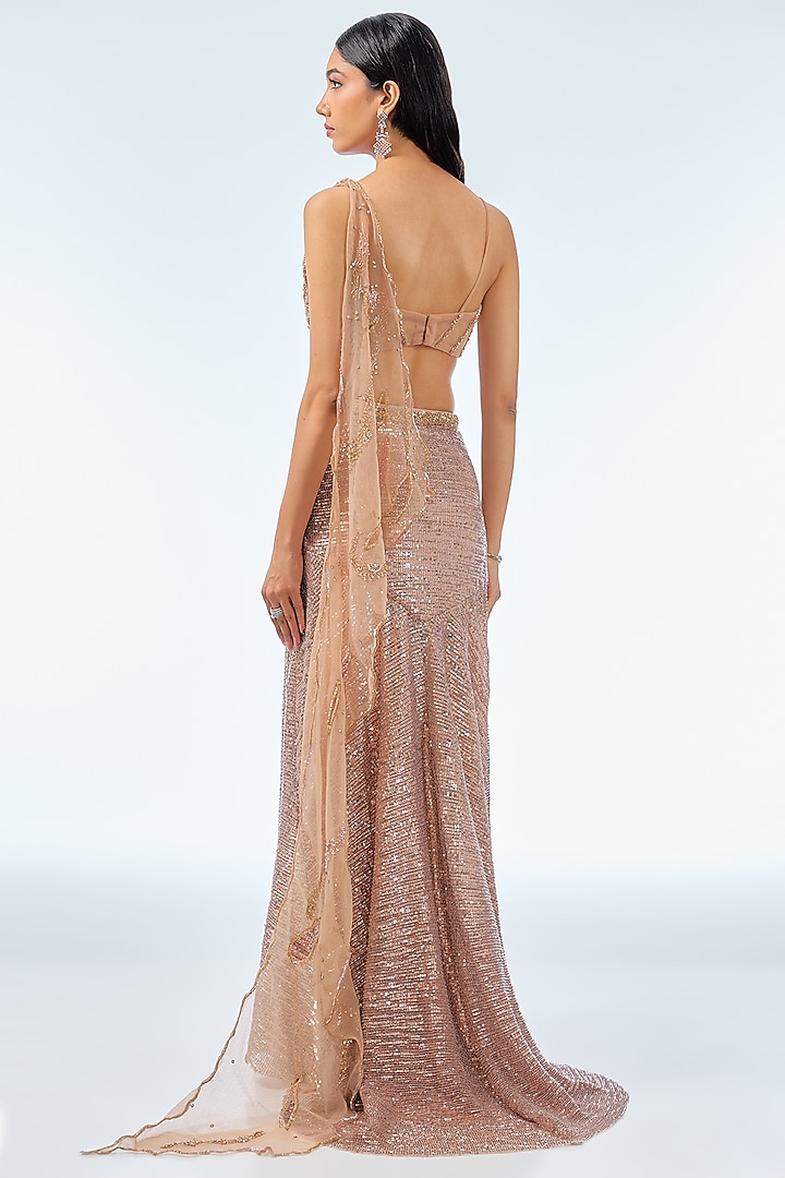 Rose Gold Sequins Draped Skirt Reception Saree Set by Dolly J at Pernia's Pop Up Shop