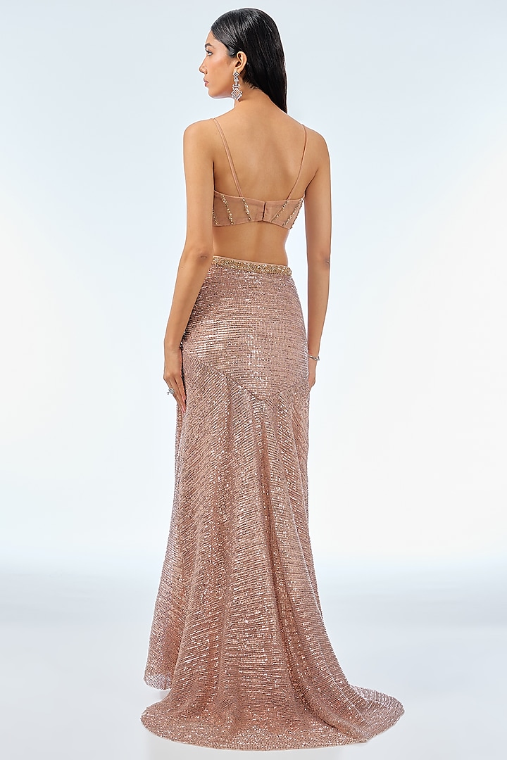 Rose Gold Sequins Draped Skirt Reception Saree Set by Dolly J at Pernia's Pop Up Shop