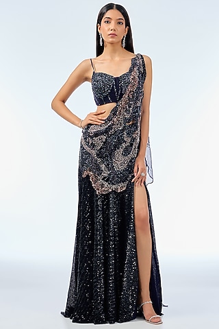 Navy Blue Sequins Draped Skirt Saree Set by Dolly J
