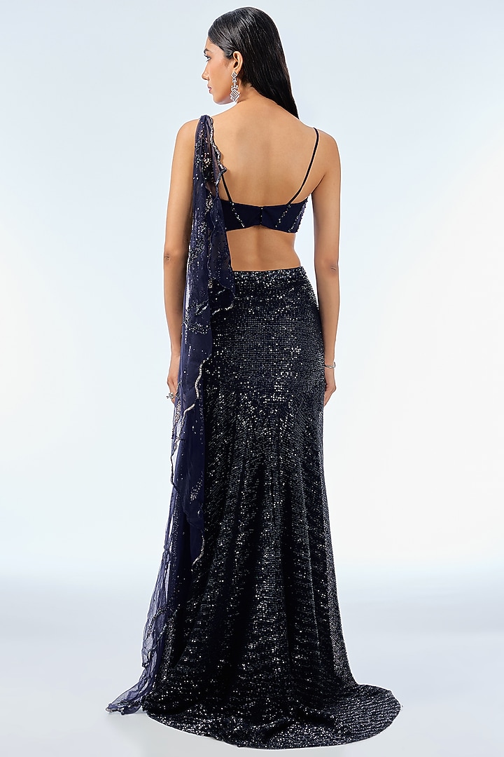 Navy Blue Sequins Draped Skirt Reception Saree Set by Dolly J at Pernia's Pop Up Shop
