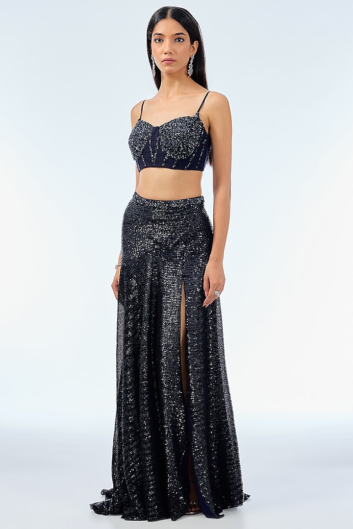 Navy Blue Sequins Draped Skirt Reception Saree Set by Dolly J at Pernia's Pop Up Shop
