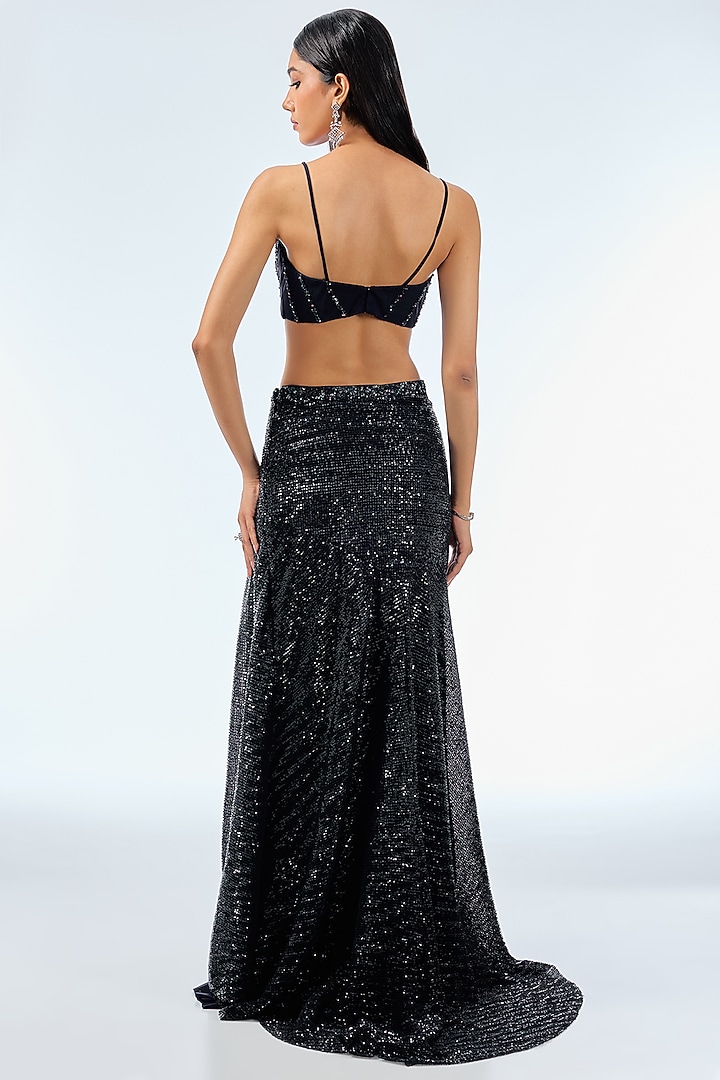 Navy Blue Sequins Draped Skirt Reception Saree Set by Dolly J at Pernia's Pop Up Shop