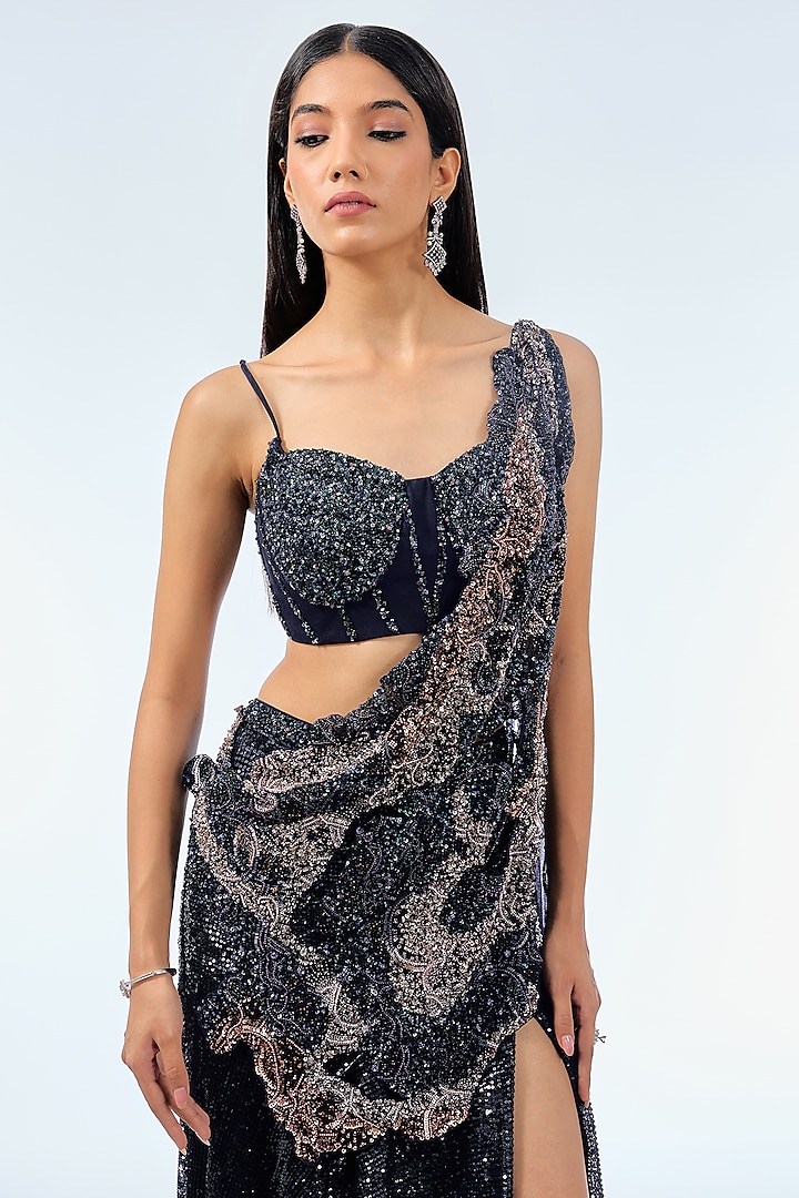 Navy Blue Sequins Draped Skirt Reception Saree Set by Dolly J at Pernia's Pop Up Shop