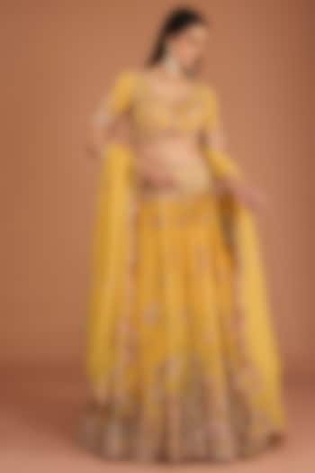 Mustard Organza Thread & Zardosi Embroidered Bridal Lehenga Set by Dolly J at Pernia's Pop Up Shop