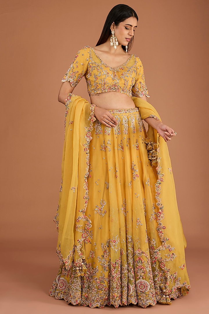 Mustard Organza Thread & Zardosi Embroidered Bridal Lehenga Set by Dolly J at Pernia's Pop Up Shop