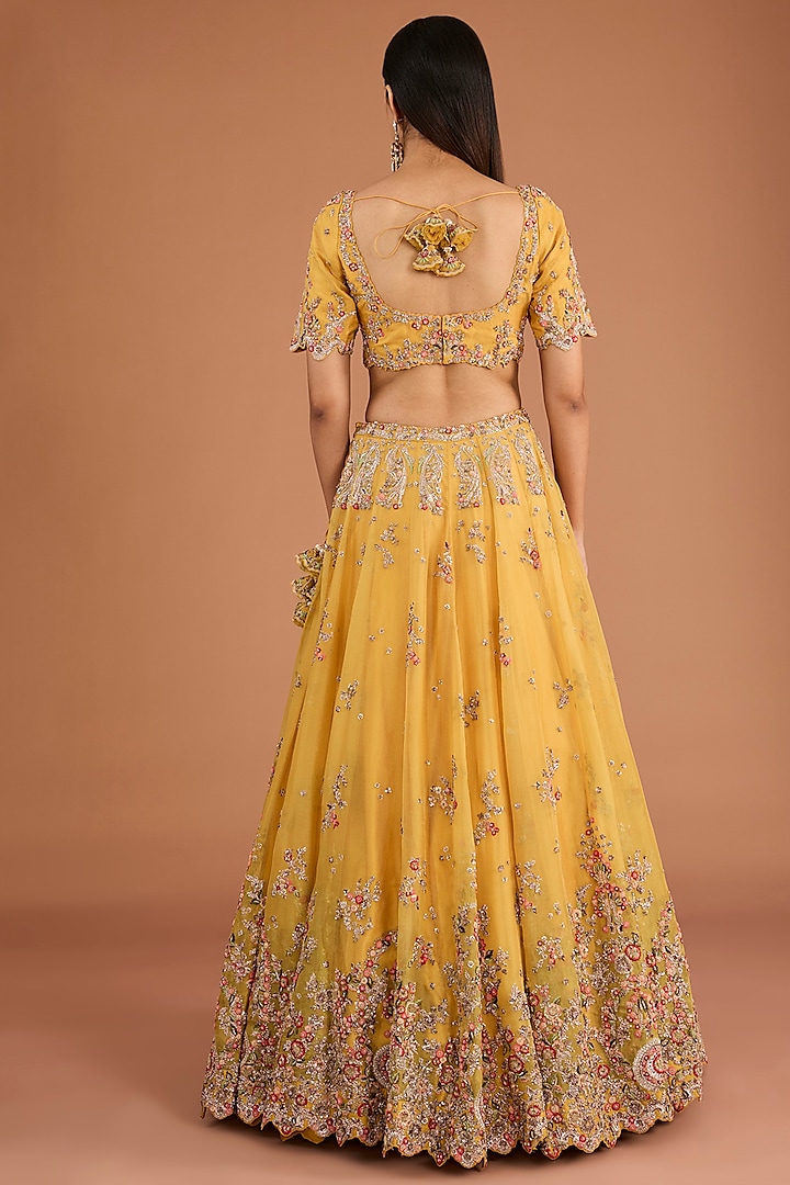 Mustard Organza Thread & Zardosi Embroidered Bridal Lehenga Set by Dolly J at Pernia's Pop Up Shop