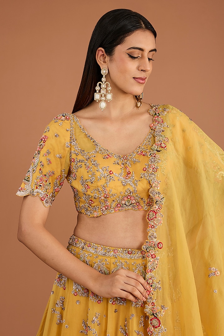 Mustard Organza Thread & Zardosi Embroidered Bridal Lehenga Set by Dolly J at Pernia's Pop Up Shop