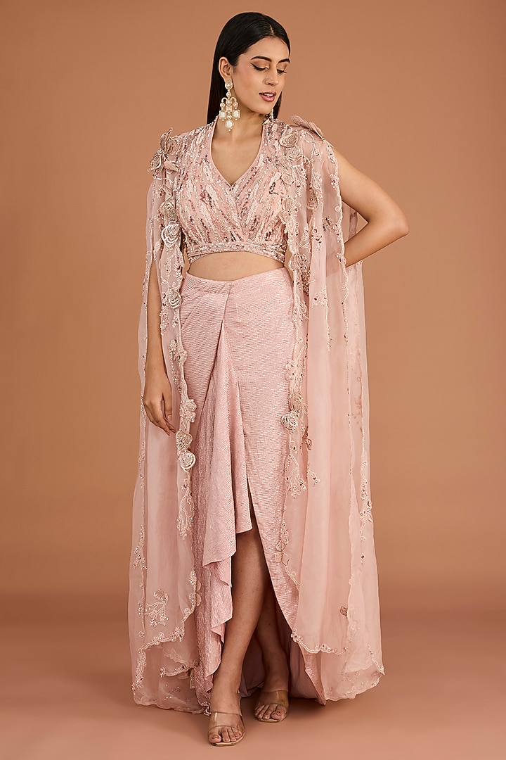 Blush Pink Organza 3D Floral Embroidered Cape Set by Dolly J at Pernia's Pop Up Shop